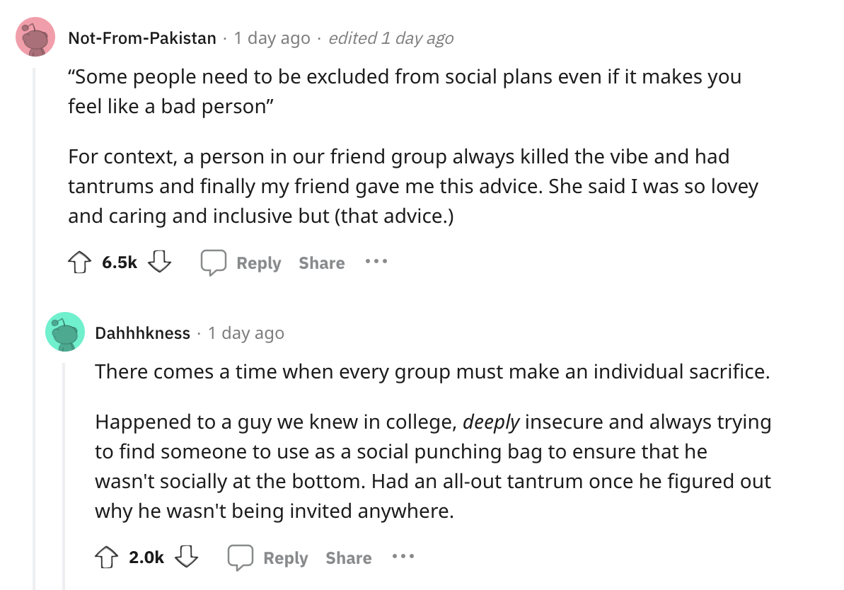 angle - NotFromPakistan 1 day ago edited 1 day ago "Some people need to be excluded from social plans even if it makes you feel a bad person" For context, a person in our friend group always killed the vibe and had tantrums and finally my friend gave me t